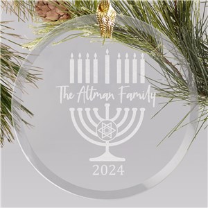 Engraved Menorah Round Glass Ornament