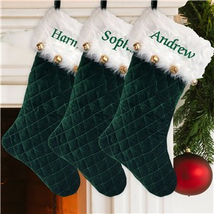 Embroidered Green Quilted Stocking With Bells E000244GN