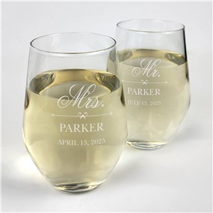 Engraved Mr. And Mrs. Contemporary Stemless Wine Glass Set L12675342-S2