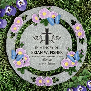 Engraved Cross With Leaves Memorial Butterfly Garden Stone L14897431