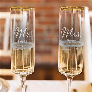 Engraved Mr. and Mrs. Wedding Gold Rim Champagne Flutes