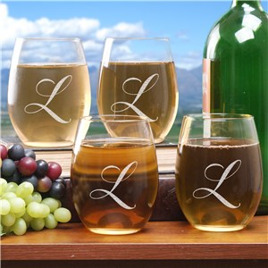 Engraved Initial Stemless Wine Glass Set