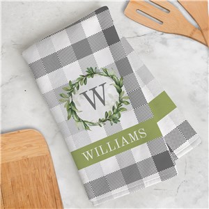 Personalized Eucalyptus Wreath on Plaid Spring Dish Towel